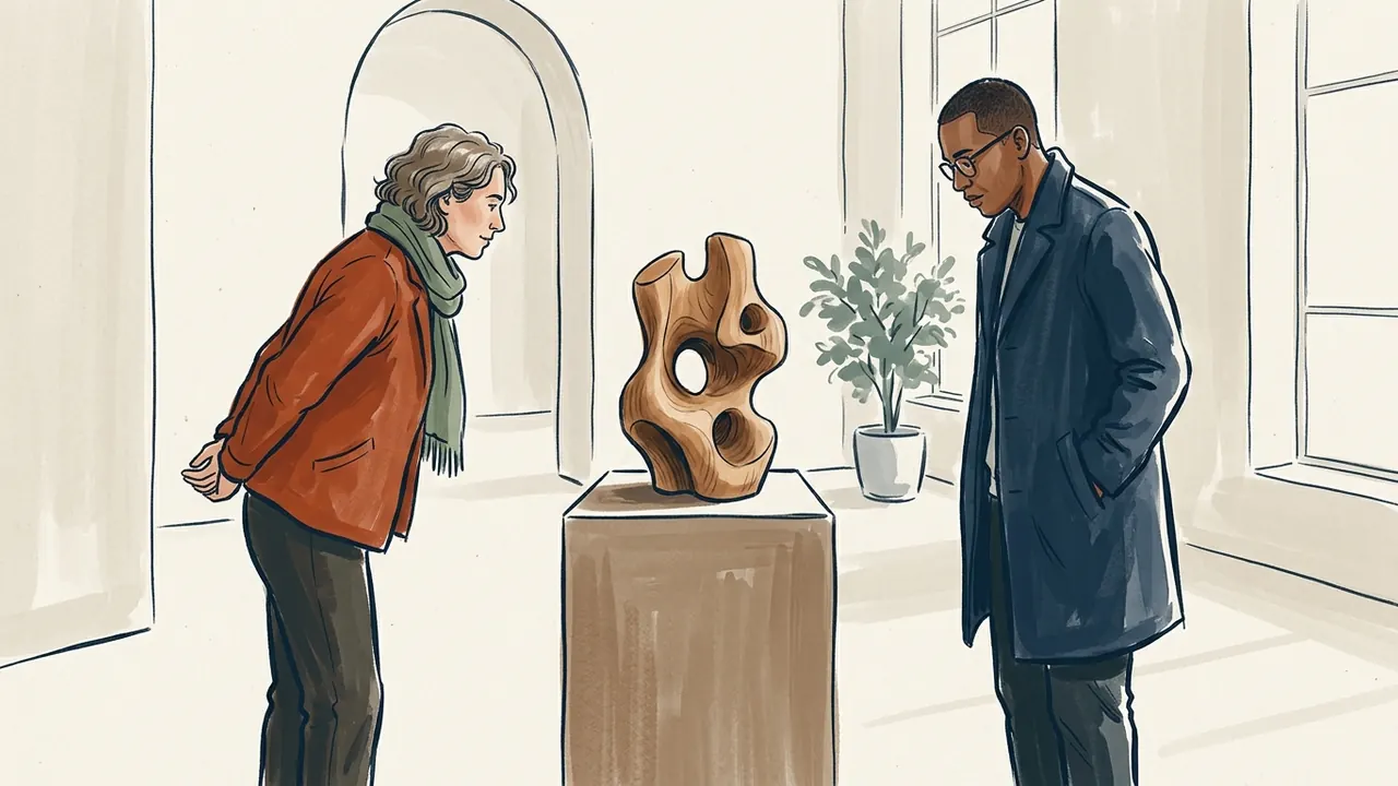 Dos personas observan una escultura abstracta de madera desde lados distintos.