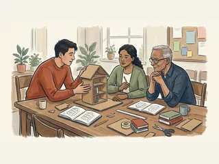 Tres personas conversan alrededor de una maqueta de cartón de una estantería para intercambiar libros.