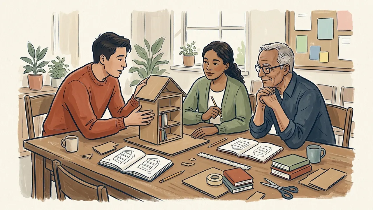 Tres personas conversan alrededor de una maqueta de cartón de una estantería para intercambiar libros.