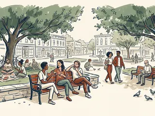 Varias personas conversan, pasean y descansan bajo los árboles de una plaza.