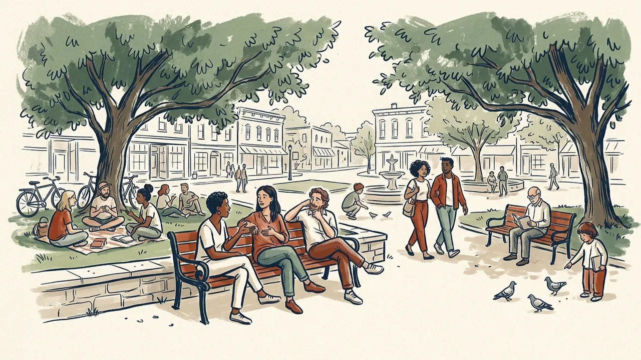Varias personas conversan, pasean y descansan bajo los árboles de una plaza.