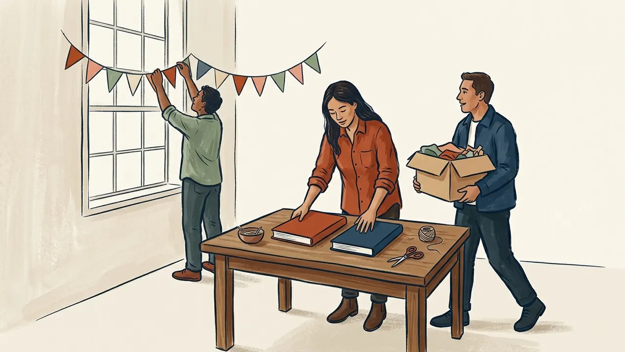Tres personas preparan una sala para un encuentro, con banderines de colores, una caja y dos cuadernos cerrados.