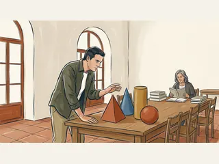 Un adulto observa cuerpos geométricos sobre una mesa y otra persona lee al fondo.