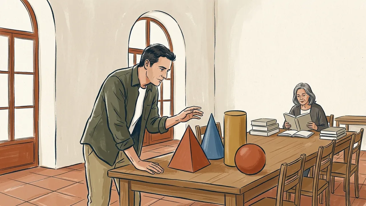 Un adulto observa cuerpos geométricos sobre una mesa y otra persona lee al fondo.