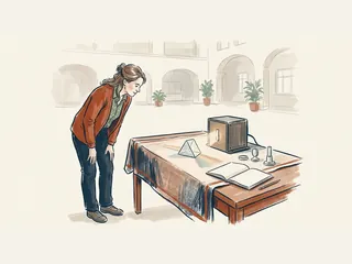 Investigadora observando un prisma y una fuente de luz cerrada sobre una mesa.