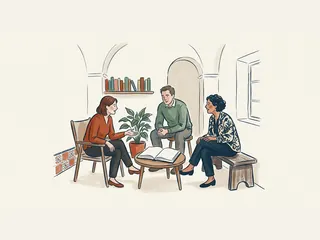 Tres adultos conversando alrededor de un libro abierto.