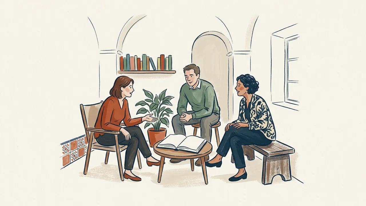 Tres adultos conversando alrededor de un libro abierto.