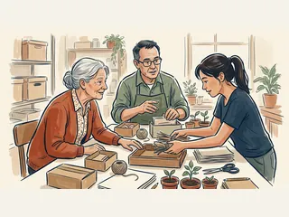 Tres personas de distintas edades preparan materiales para una actividad comunitaria.