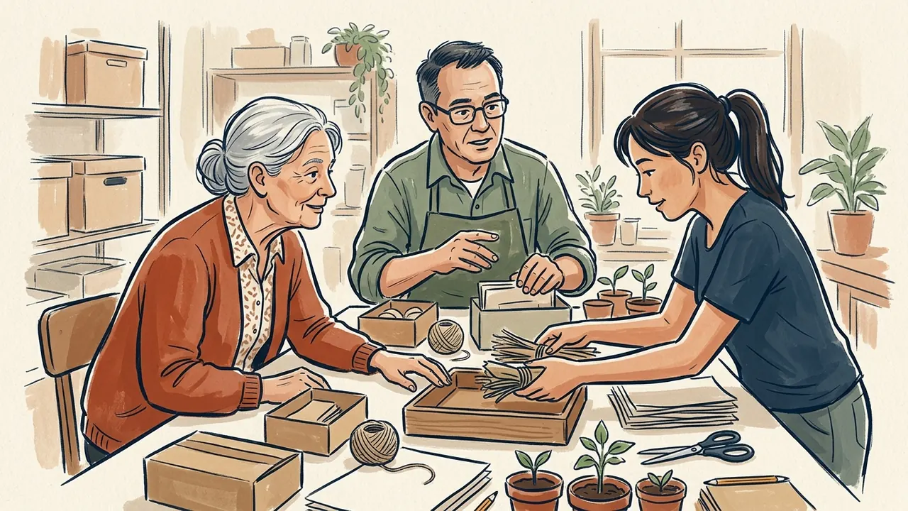 Tres personas de distintas edades preparan materiales para una actividad comunitaria.