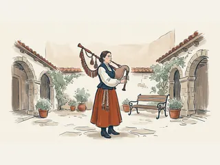 Gaitera tocando una gaita asturiana en un patio de piedra.