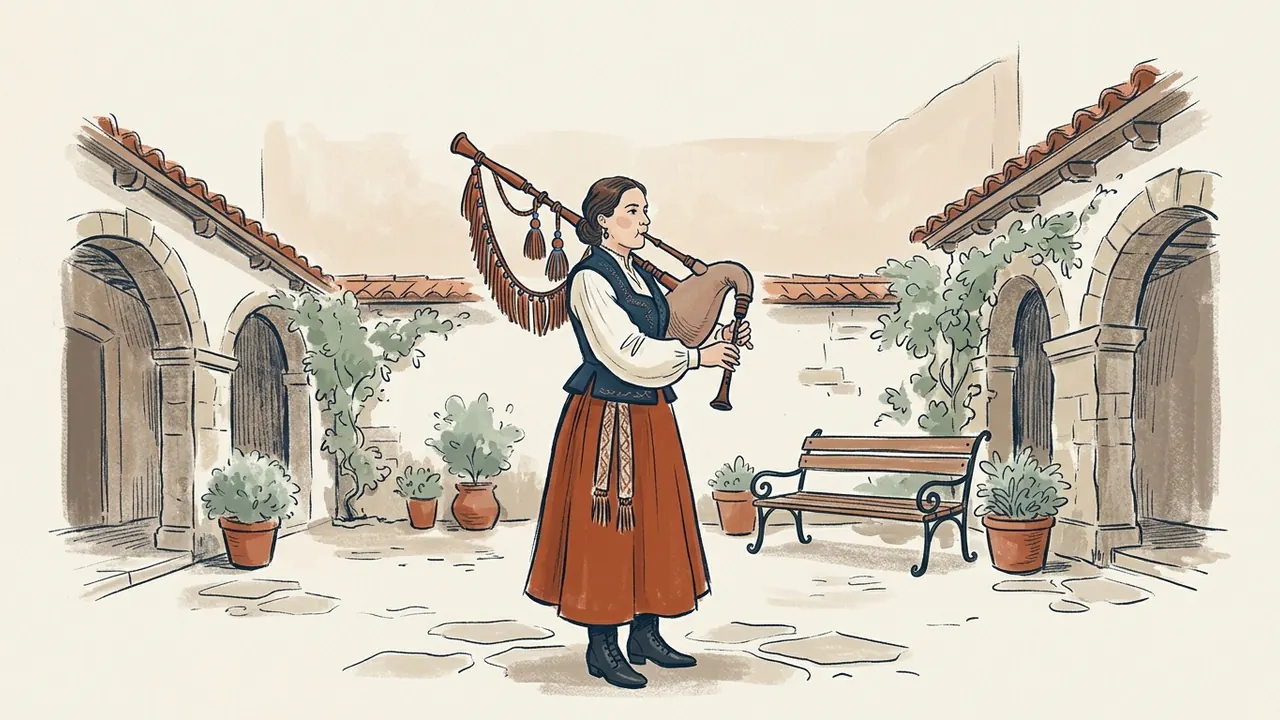 Gaitera tocando una gaita asturiana en un patio de piedra.