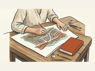 Una persona pinta un paisaje de viñas junto a un libro cerrado.