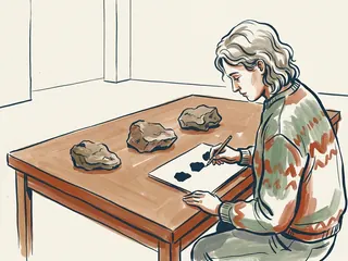 Una persona dibuja las siluetas de tres rocas sobre una lámina.
