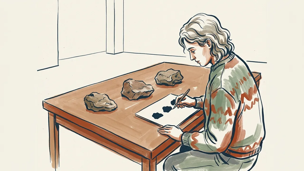 Una persona dibuja las siluetas de tres rocas sobre una lámina.