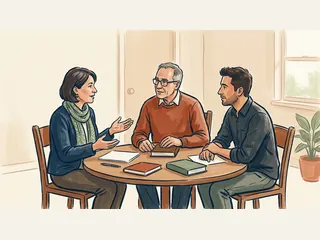 Tres personas adultas conversan alrededor de libros cerrados en una mesa circular.
