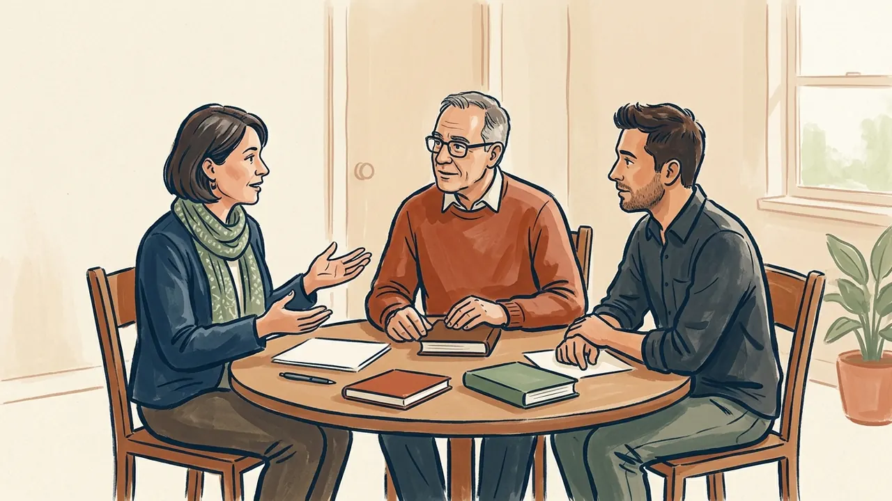 Tres personas adultas conversan alrededor de libros cerrados en una mesa circular.