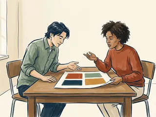 Dos personas comentan una lámina de rectángulos de colores sobre una mesa.