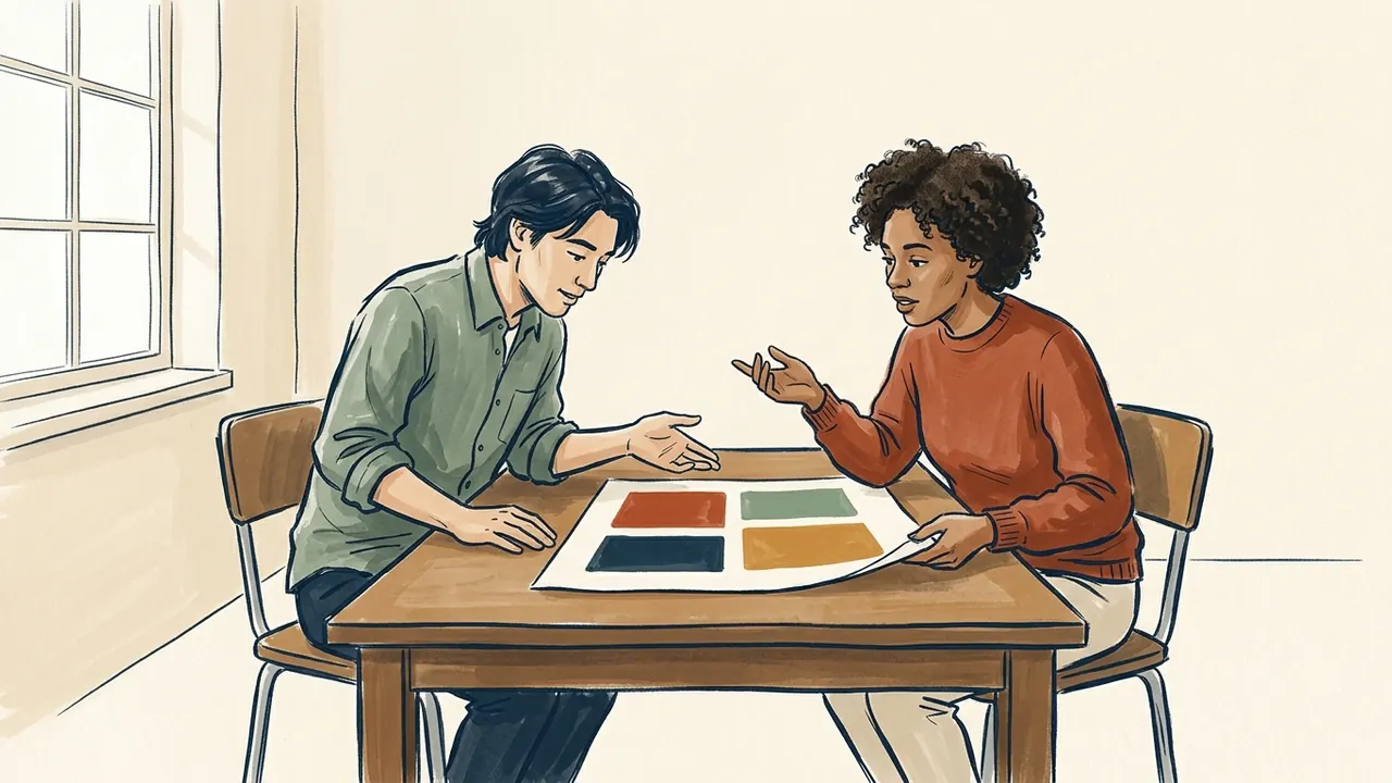 Dos personas comentan una lámina de rectángulos de colores sobre una mesa.