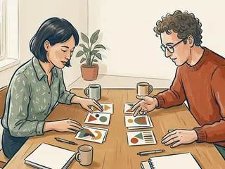 Dos personas comparan tarjetas con composiciones de figuras geométricas.