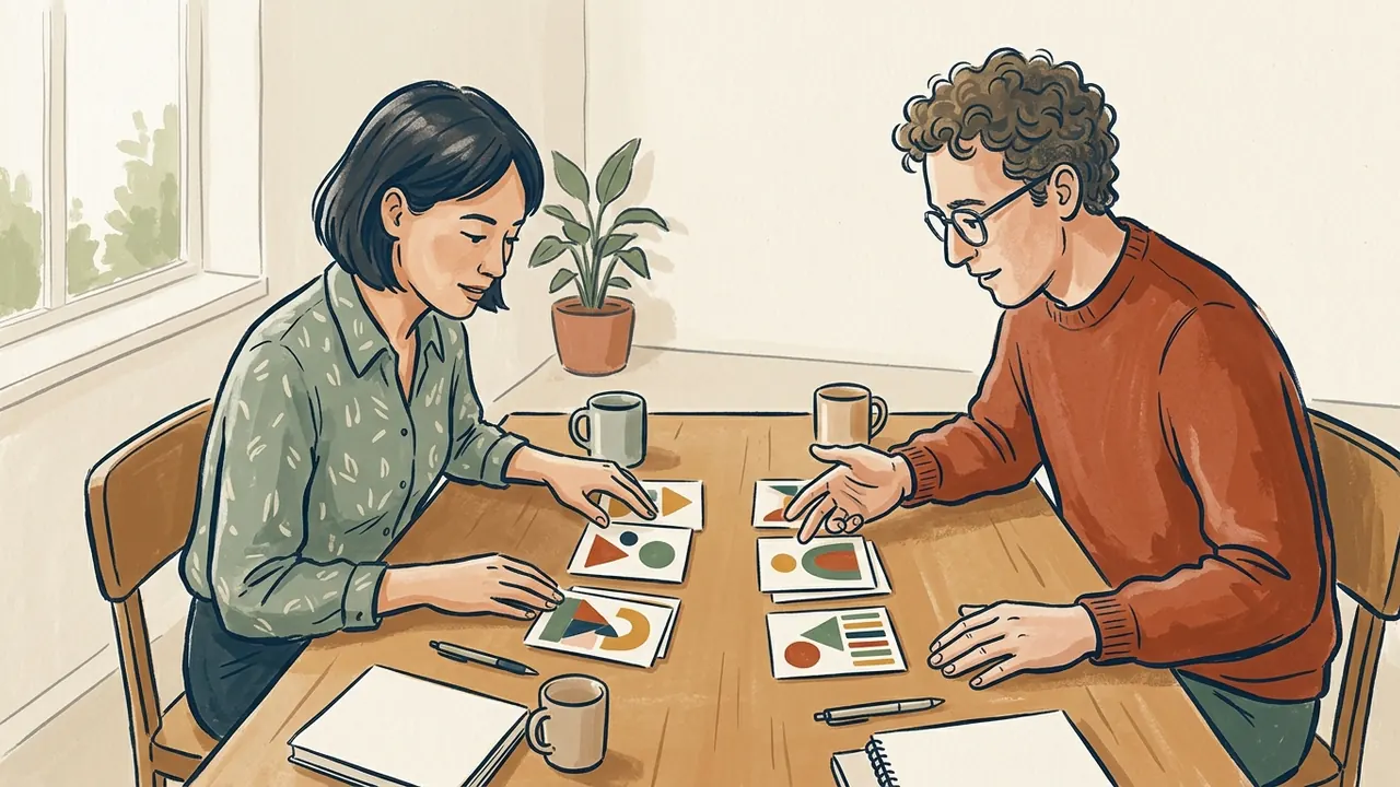 Dos personas comparan tarjetas con composiciones de figuras geométricas.