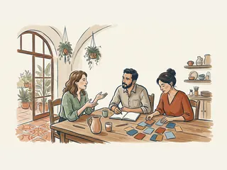 Tres adultos conversan y ordenan tarjetas durante una sesión de investigación de mercados.