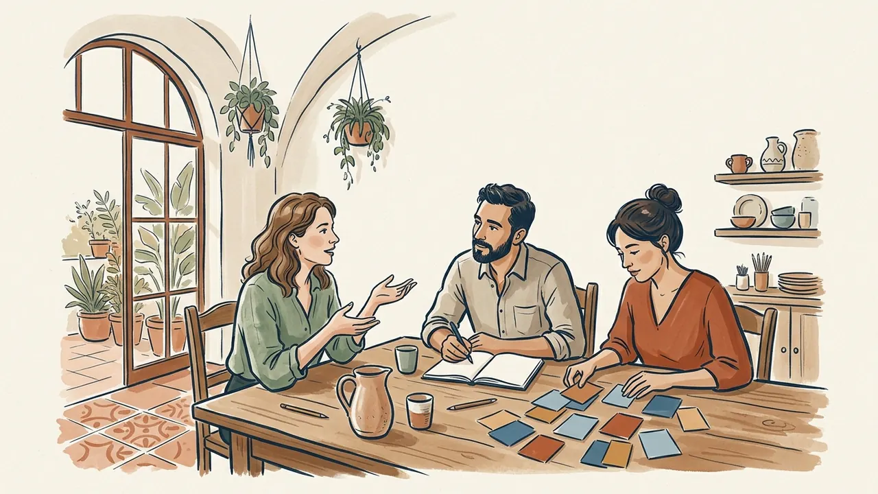 Tres adultos conversan y ordenan tarjetas durante una sesión de investigación de mercados.