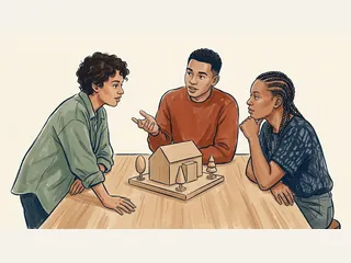 Tres personas jóvenes adultas conversan alrededor de una maqueta de madera de una biblioteca ficticia.
