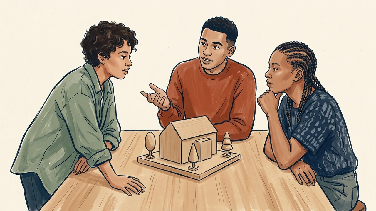 Tres personas jóvenes adultas conversan alrededor de una maqueta de madera de una biblioteca ficticia.