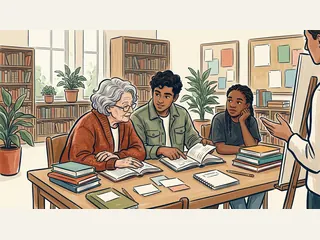 Personas de distintas edades comparten libros y escuchan una explicación en una biblioteca.