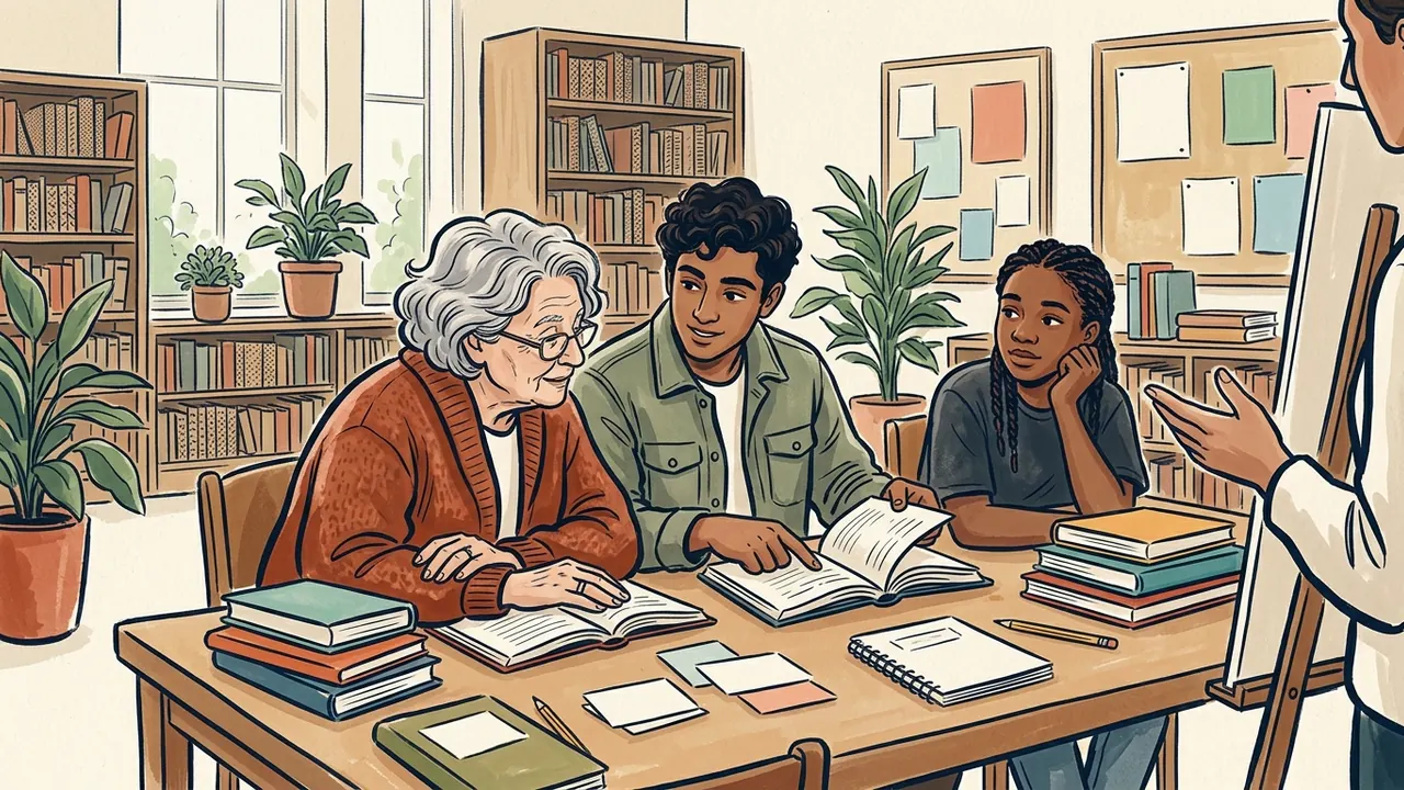 Personas de distintas edades comparten libros y escuchan una explicación en una biblioteca.