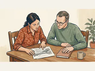 Dos personas observan un dibujo de una costa junto a un cuaderno cerrado.