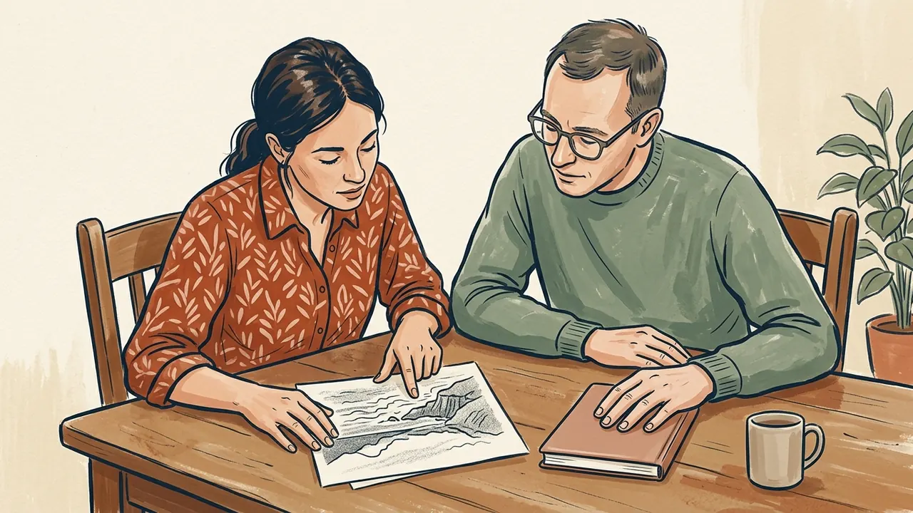 Dos personas observan un dibujo de una costa junto a un cuaderno cerrado.