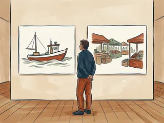 Una persona observa dos dibujos de un barco y un mercado en una exposición.