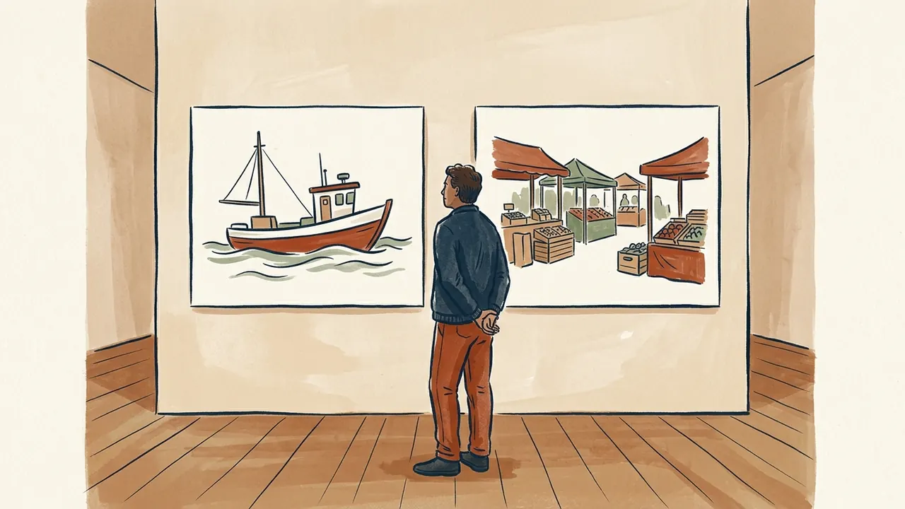 Una persona observa dos dibujos de un barco y un mercado en una exposición.