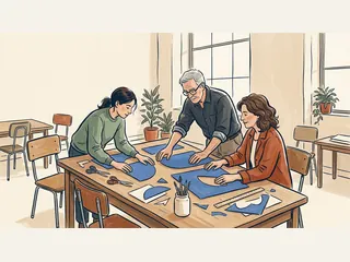Tres personas adultas preparan una composición con papeles azules sobre una mesa.