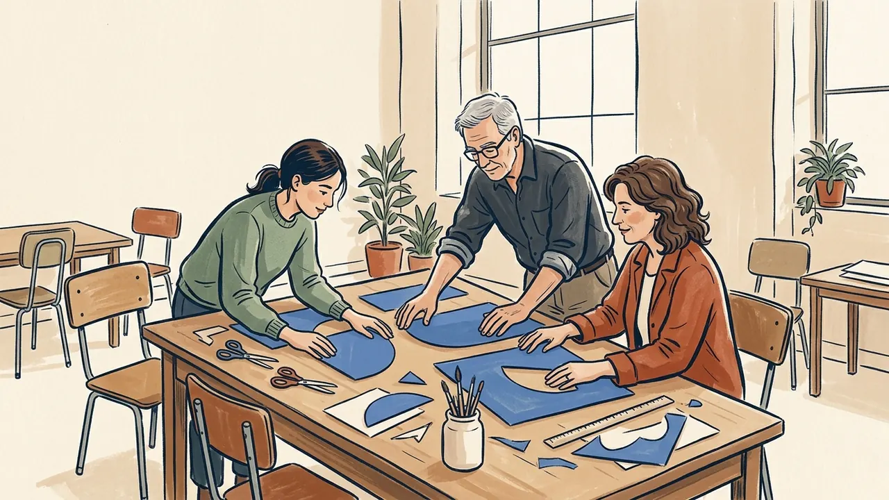 Tres personas adultas preparan una composición con papeles azules sobre una mesa.