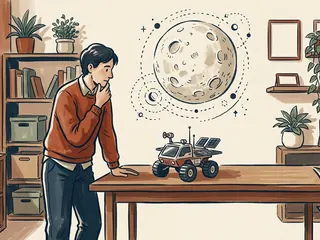 Una persona observa una maqueta de vehículo explorador junto a un dibujo de la Luna.