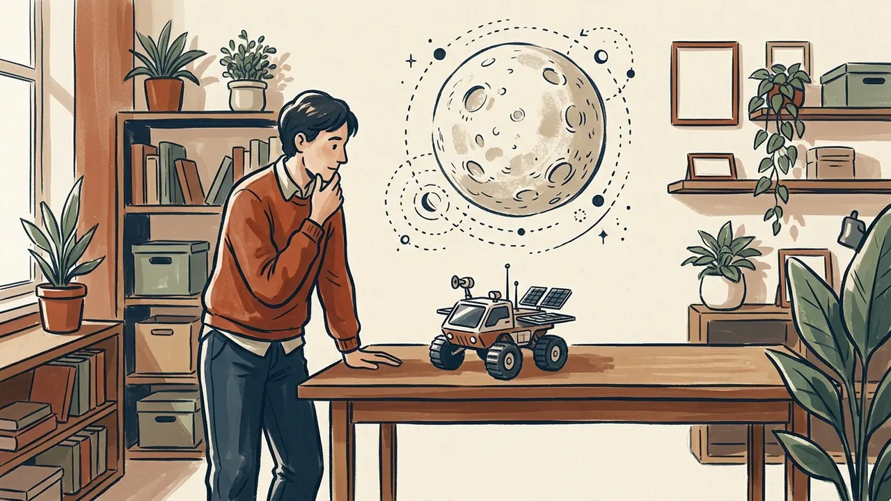 Una persona observa una maqueta de vehículo explorador junto a un dibujo de la Luna.