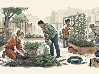 Cuatro personas plantan, riegan y cuidan un huerto comunitario.