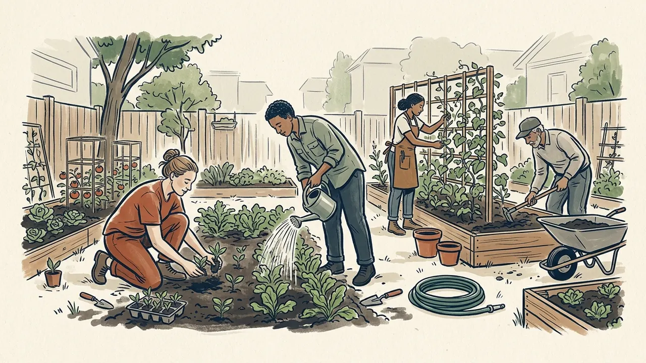Cuatro personas plantan, riegan y cuidan un huerto comunitario.