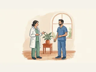 Médica y enfermero conversan junto a una mesa con una planta en una sala luminosa.