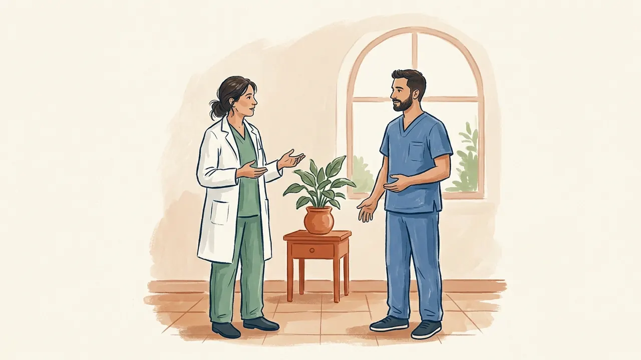Médica y enfermero conversan junto a una mesa con una planta en una sala luminosa.