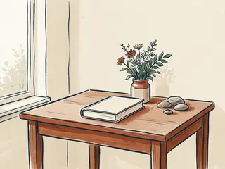 Flores, piedras lisas y un libro cerrado sobre una mesa de recuerdo.