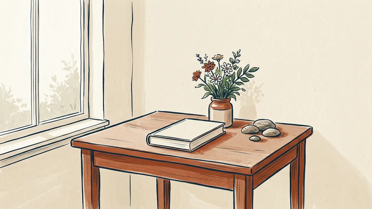 Flores, piedras lisas y un libro cerrado sobre una mesa de recuerdo.