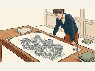 Una persona observa el dibujo de una montaña rusa de madera imaginaria sobre una mesa.
