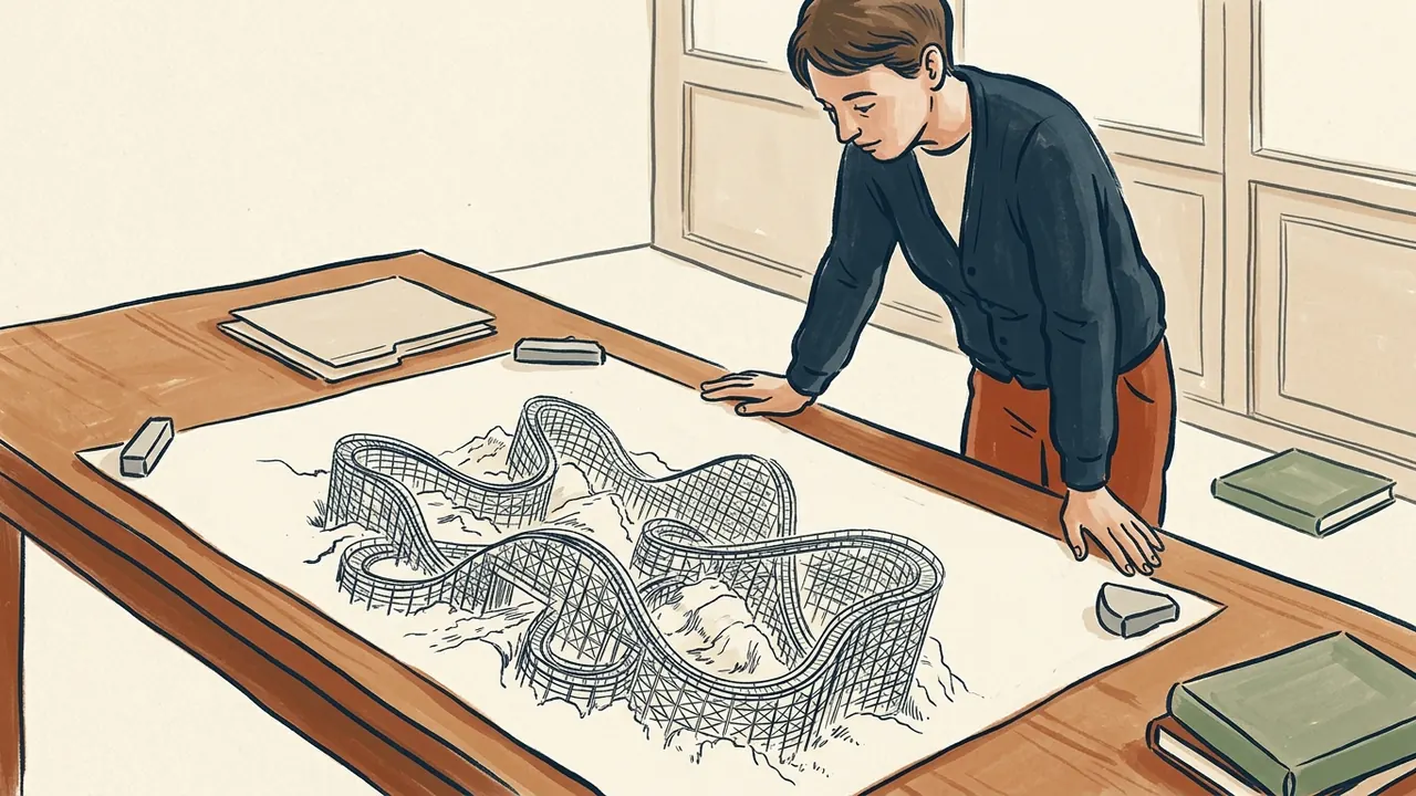 Una persona observa el dibujo de una montaña rusa de madera imaginaria sobre una mesa.
