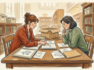 Dos mujeres consultan juntas dibujos y materiales de archivo en una biblioteca.