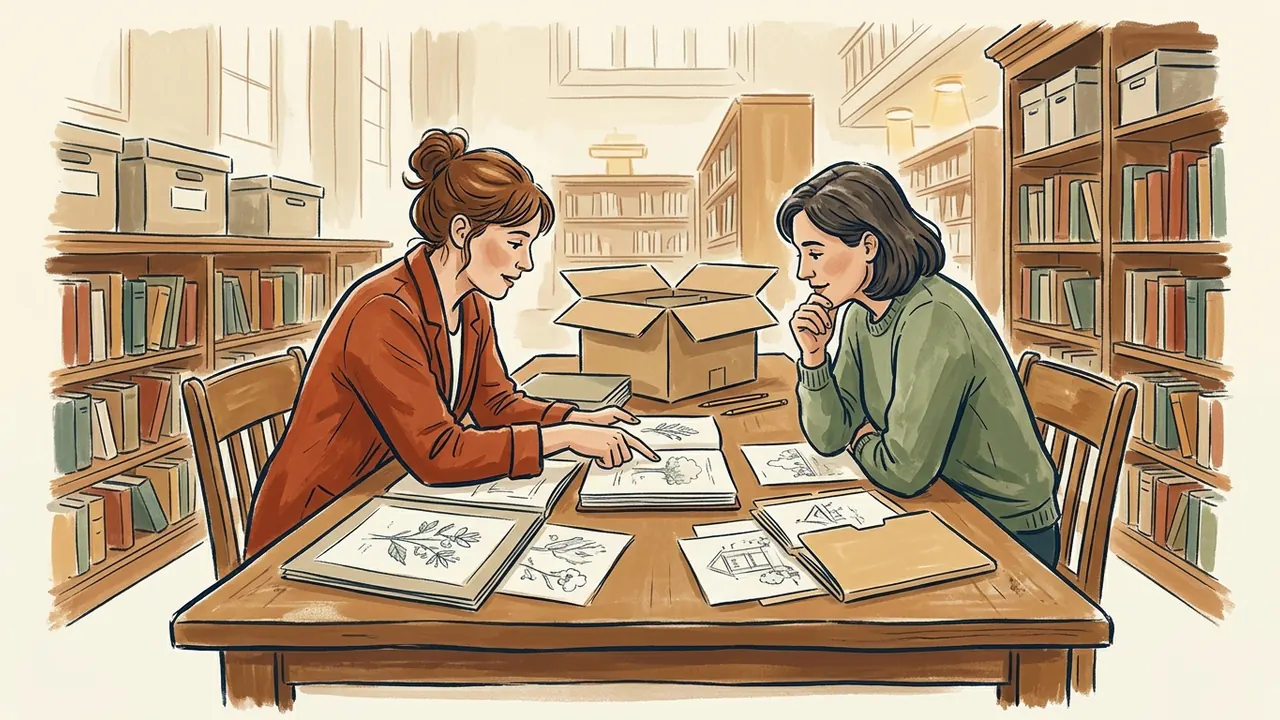 Dos mujeres consultan juntas dibujos y materiales de archivo en una biblioteca.