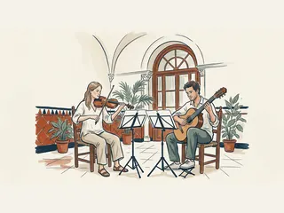 Violinista y guitarrista ensayando ante dos atriles en un centro cultural.