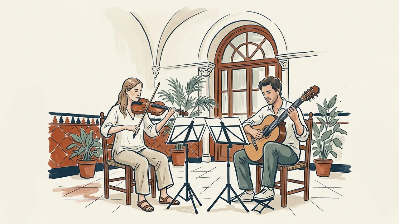 Violinista y guitarrista ensayando ante dos atriles en un centro cultural.